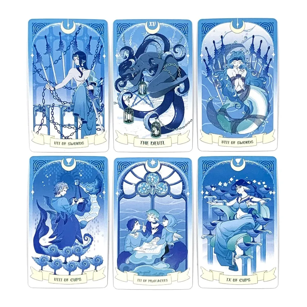 Sea in Moonlight Tarot Cards 78 Card Blue Ocean Mermaid English Version Divination Board Game Card Games & Gift Giving