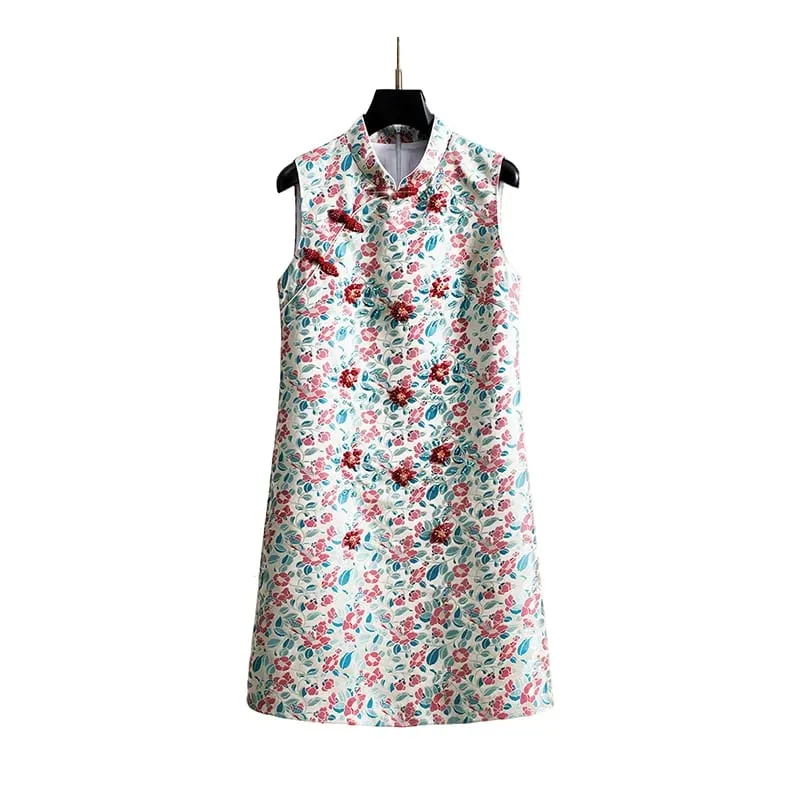 Elegant Chinese Style Modified Qipao Stand Collar Sleeveless Tank Dress for Women Autumn Light Luxury Chic Party Cocktail Gown