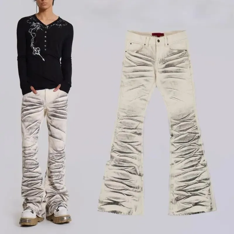 Y2K Vintage Distressed Micro Flared Jeans Washed High Street Hip Hop Wide Leg Denim Pants Gothic Slim Fit Unisex Trumpet Jeans