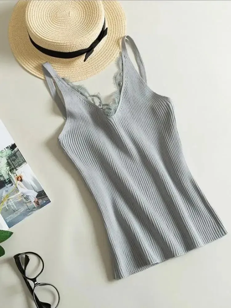 2026 Summer Casual Tops Solid Stitching V-neck Camis Women Hook Flower Lace Tank Female Knitted Short Slim Sleeveless Shirt