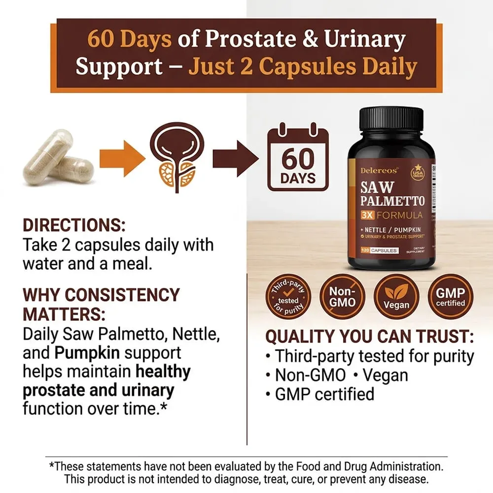 Saw Palmetto Prostate Health Supplement To Promote Urinary Tract Function - 500mg Per Serving DHT Blocker Hair Vitamin Vegan