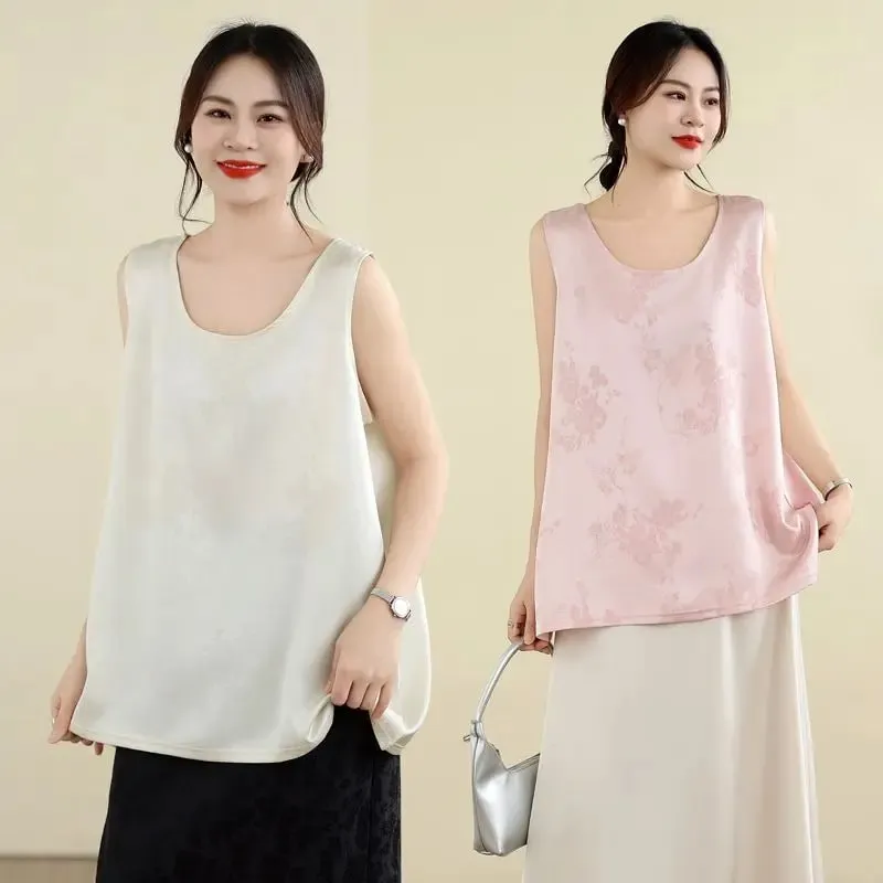 New Chinese Style Jacquard Satin Tank Top Middle Aged Women Loose U Neck Sleeveless Blouse Elegant Acetate Vest For Moms