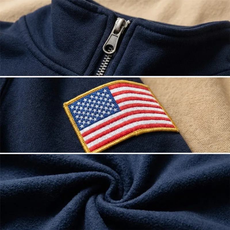 Hot Sell American Flag Embroider Hoodies Quarter Zip Sweatshirts Men Y2k Casual Sweater Pullover Patch Sleeve Streetwear