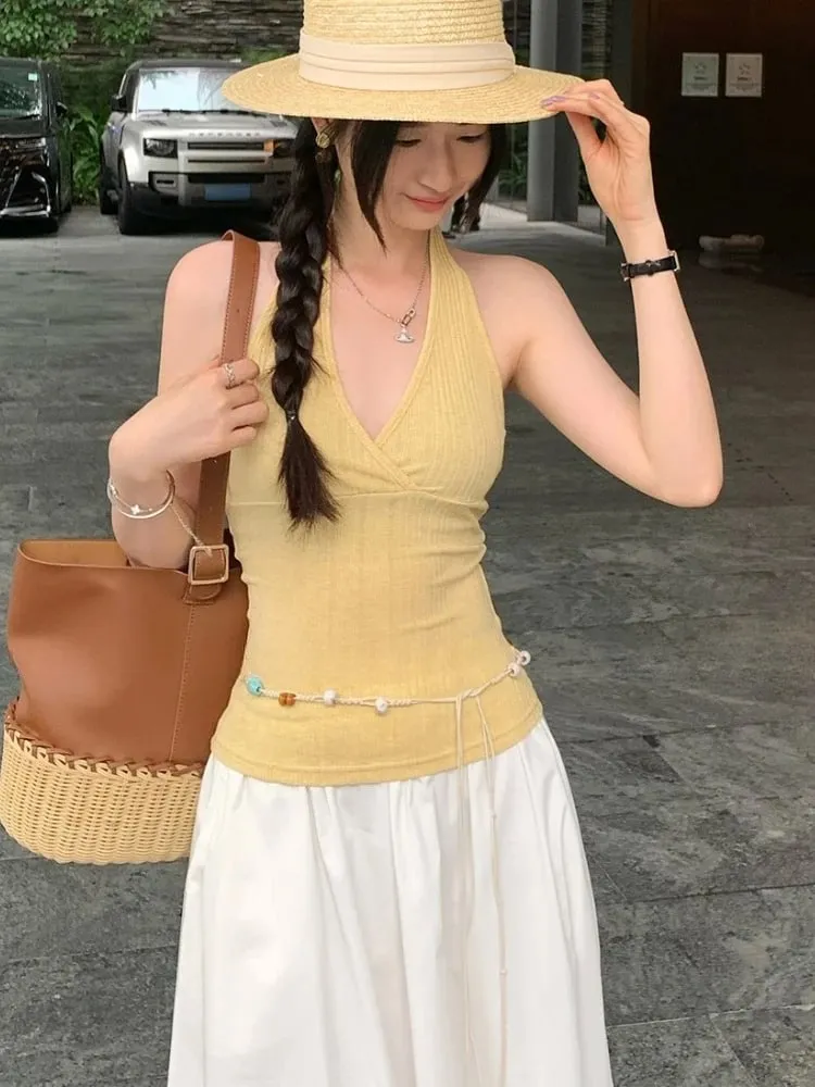 2026 Summer New Outer Wear Tank Top Spice Girl Style Halter Cross V Neck Women Camisole Korean Style Solid Color Crop Top