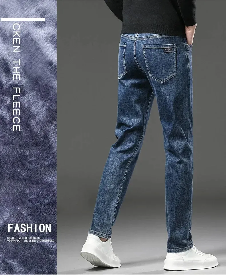 2027 New In Slim Straight Elastic Denim Winter Fleece Thick Warm Jeans Men's Pants Casual Male Clothing Fashion Plush Trousers