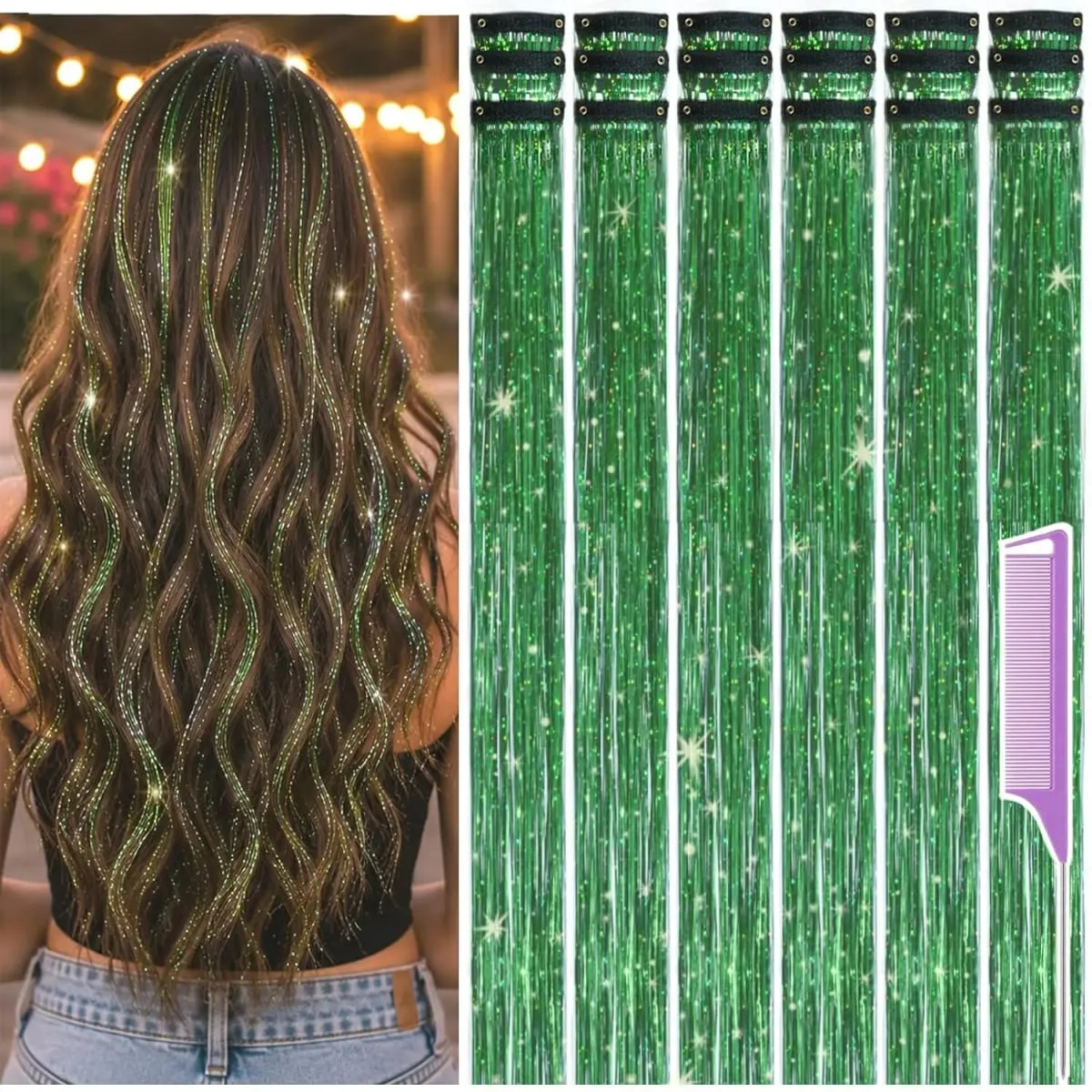 Balení 18 ks Nápadné doplňky do vlasů Rainbow Hair Tinsel Clip in Balíček 22palcových třpytivých pohádkových vlasů pro ženy, dívky