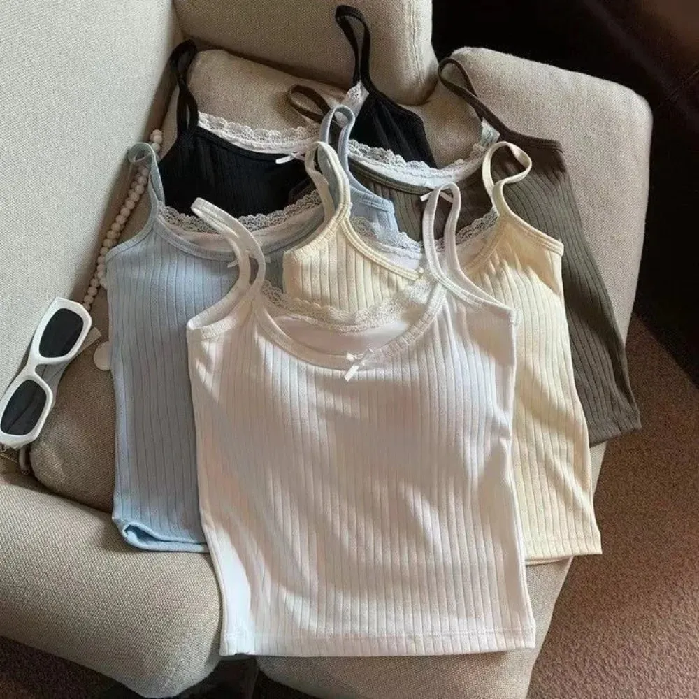 Cute Ribbed Knit Lace Cami Top Spaghetti Straps Bow Accent Ribbed Camisole Solid Color Slim Fit Bralette Top Inner Layer