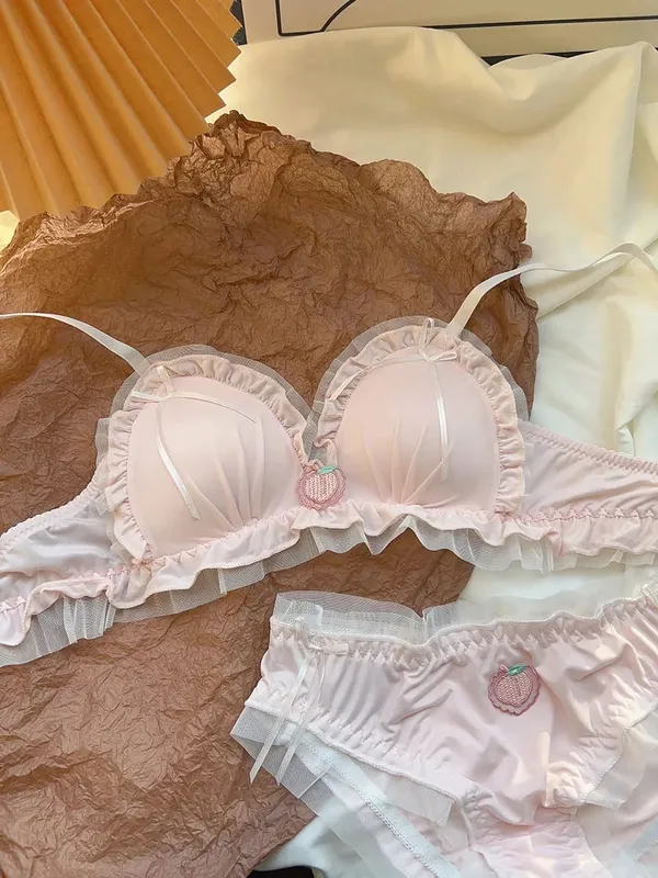 Japanese Kawaii Sweet Lingerie Set French Sheer Mesh Thin Wireless Triangle Cup Bra Panties Set Soft No Underwire 32‑38 Bra Set