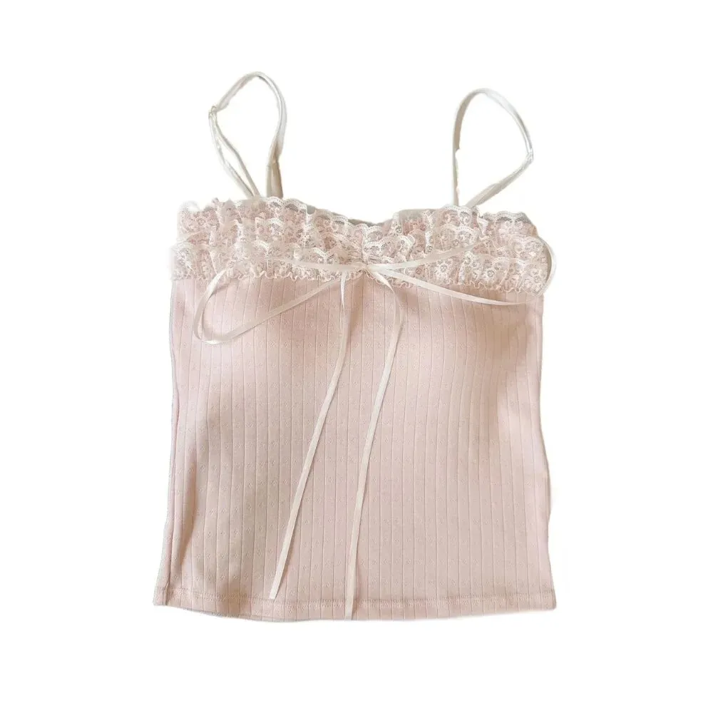 Korean Style Bow Slim Lace Crop Top Sweet Summer Girl's Vest Top Bottoming Shirt Spice Girls Style Camisole with Pads Lady