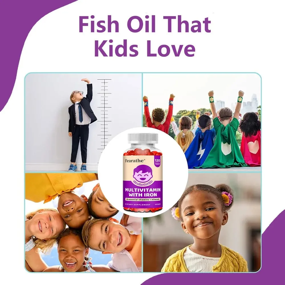 Kids Multivitamin Softgels with Iron Zinc & Biotin Daily Nutritional Supplement for Kids’ Growth Immune & Brain Support