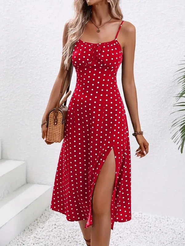 2024 Women Floral Print Spaghetti Straps Summer Boho Beach Dress Print Elegant Suspenders Square Neck Slit Dress Vestidos