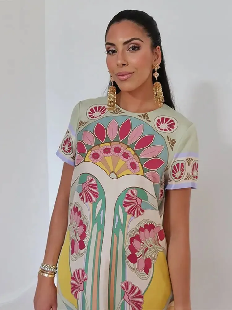 Printed Spliced Feather Tassel Hem Dress Half Sleeve O-neck Loose Maxi Dresses 2026 Summer Fashion Elegant Party Women Outwear