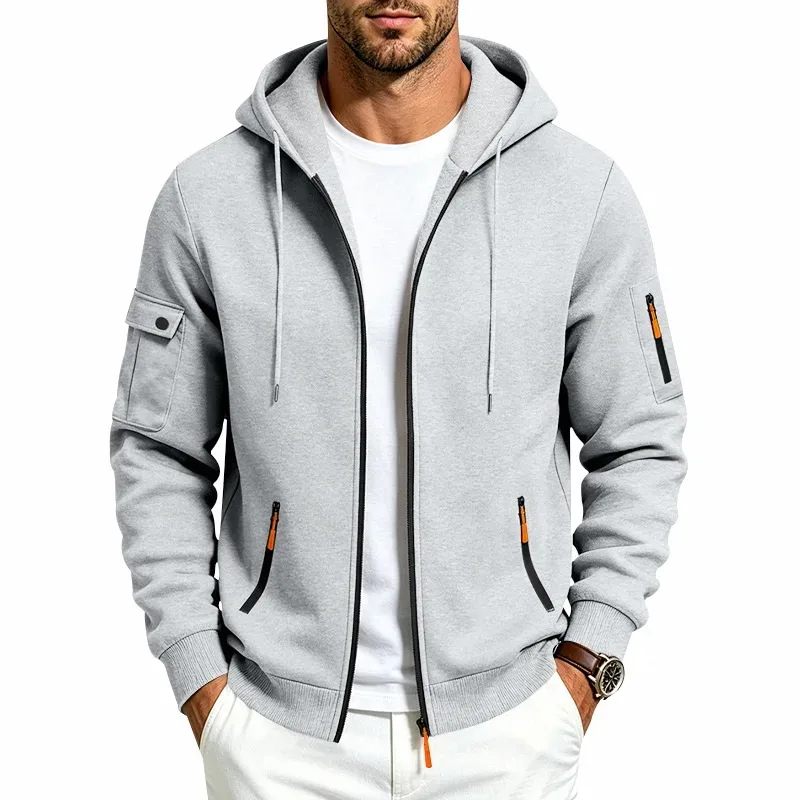 Men's Heavyweight Full Zip Hoodie Autumn Winter Casual Outdoor Hooded Sweatshirt Multi‑Pocket Drawstring Loose Fit Sports Jacket