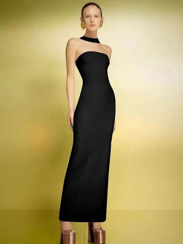 Mulheres celebridade sexy sem costas halter vermelho branco maxi longo verão bandagem bodycon vestido 2025 elegante noite clube festa outfit