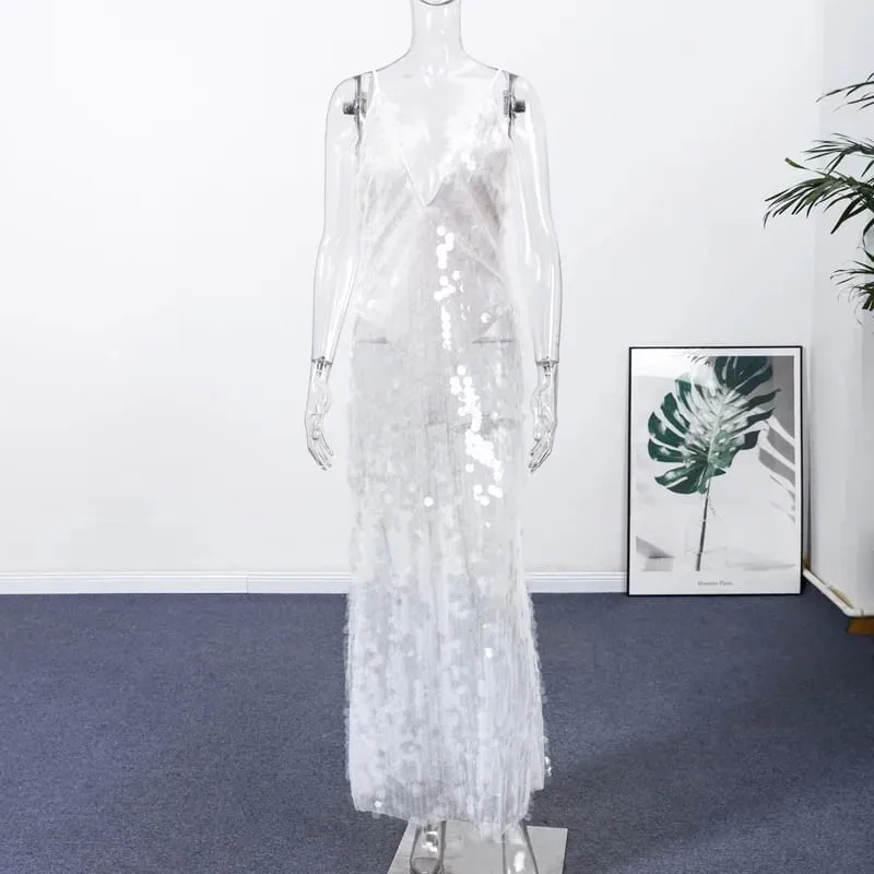 Sexy Women's Dress Halter Sequin Shinny Slim Hip Package Female Transparent Dresses 2026 Early Spring Beach Holiday Lady Robe