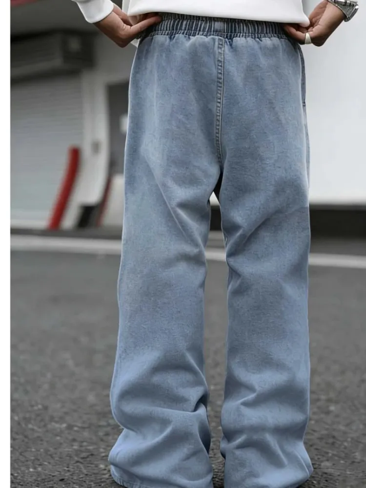 Men's Colorful Cross Embroidered Baggy Jeans Elastic Waist Wide Leg Streetwear Denim Pants Hip Hop Y2K Style Fashion Trousers