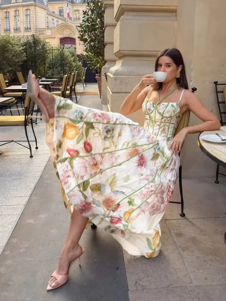 Printed Sleeveless Halter Long Dress Women Chic Waist Cinching A-line Sling Slim Fit Dresses Lady Spring Summer Vacation Gown