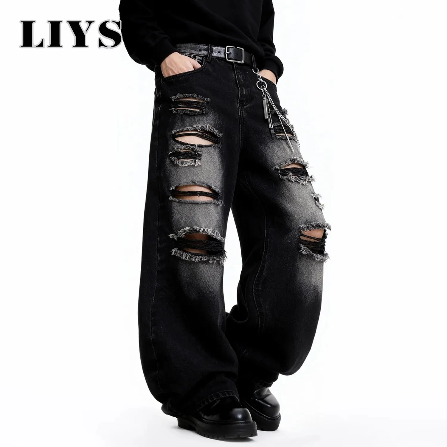 American Street Retro Men's Black Baggy Wide Leg Ripped Jeans Gothic Tear Style Unisex Loose Straight Leg Denim Pants Clothes