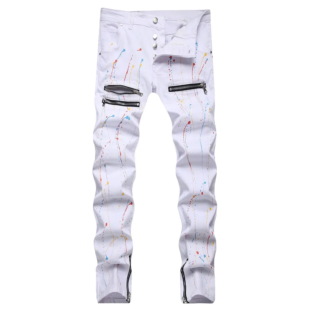 Men Painted Stretch Denim Jeans Zippers Buttons Fly Biker Pants Streetwear White Slim Tapered Trousers