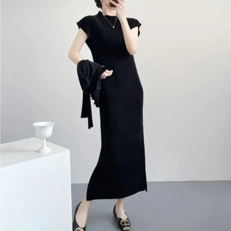 Miyake Pleated Dresses 2026 New Women's Long Sleeve Cardigan Jacket Round Neck Straight Long Dress Commuter Fashion Skirt Set