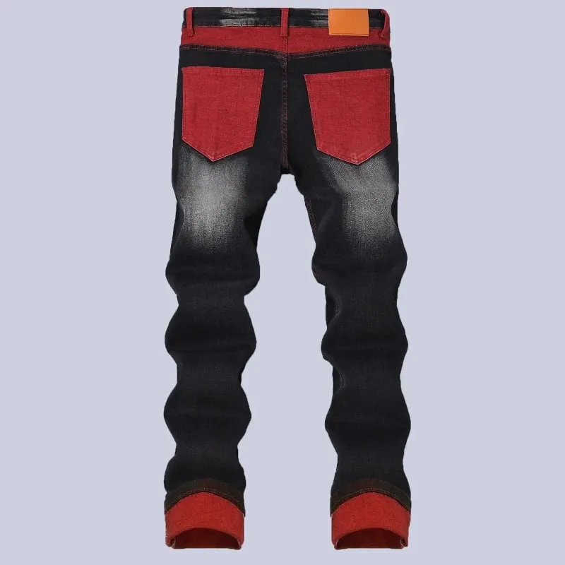 Streetwear Men Patch Ripped Jeans Black Red Design Slimming Men's Clothing Stretch Cozy Denim Pants Hip Hop Trend Trousers