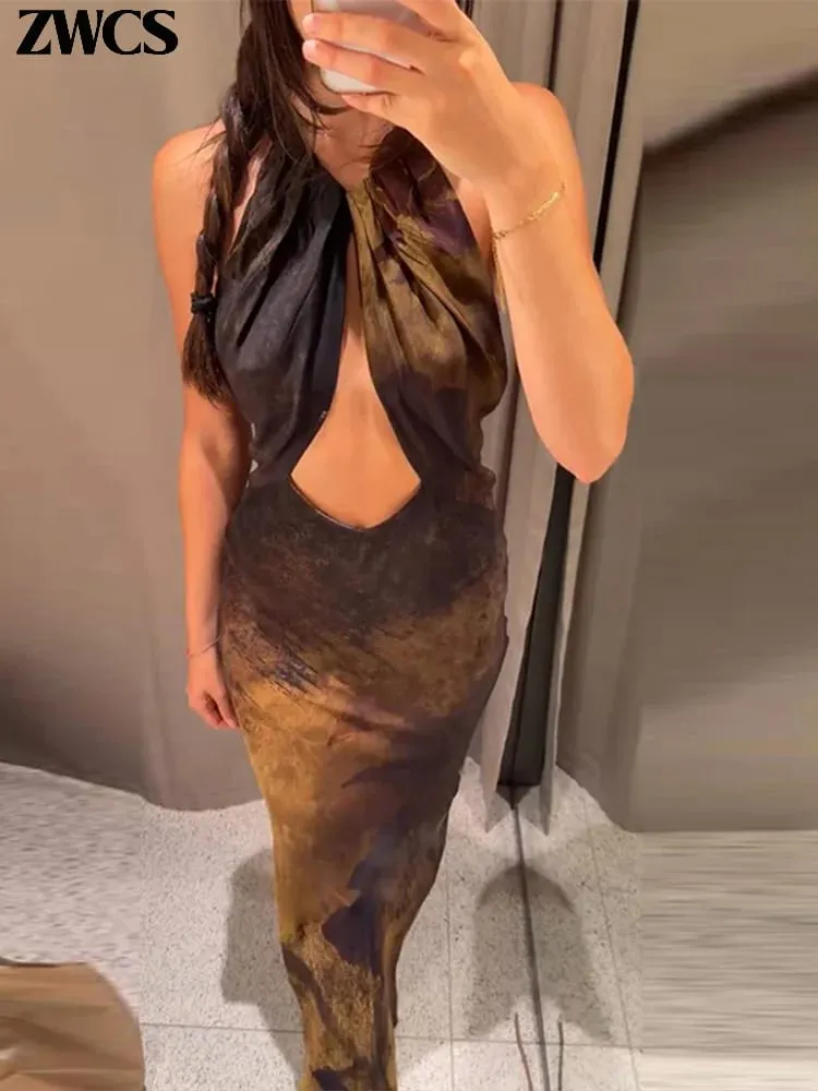 Sexy Printed Halter Backless Party Gowns 2026 New Female Slim Hollow-out Sleeveless Long Robes Women's Club Bodycon Dresses