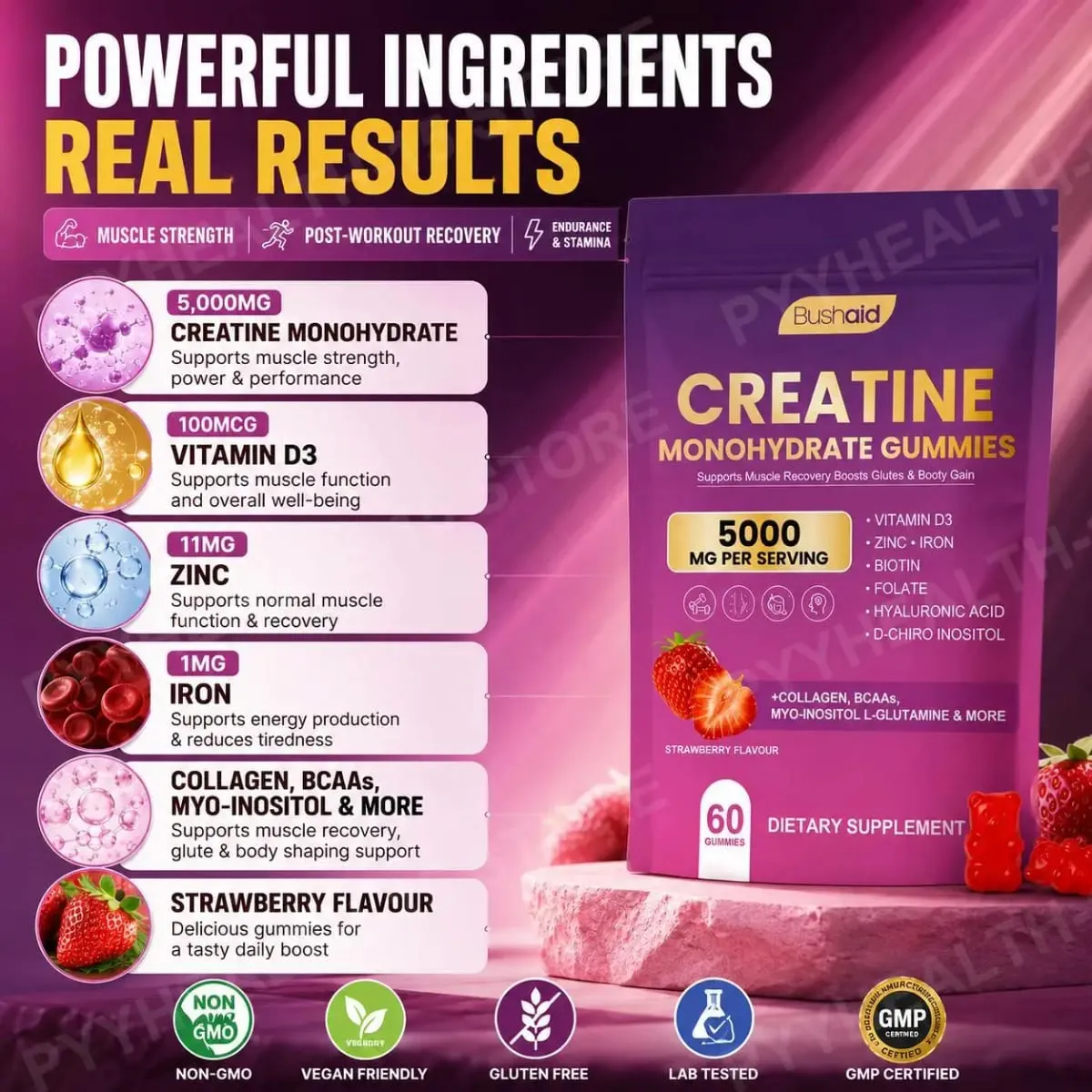 BushAid Creatine Monohydrate Gummies for Post-Workout Muscle Recovery with Multi-Collagen Blend BCAA and Zinc 60 Gummies