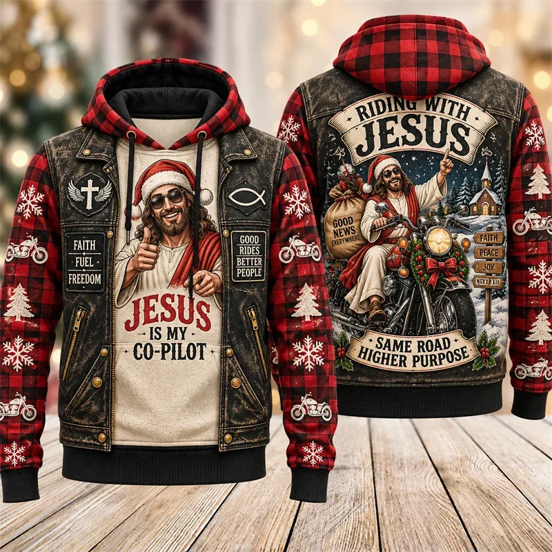 Funny Jesus Christmas Biker Hoodie 3D Graphic Motorcycle Rider Vintage Holiday Pullover Winter Streetwear Party Casual Gift