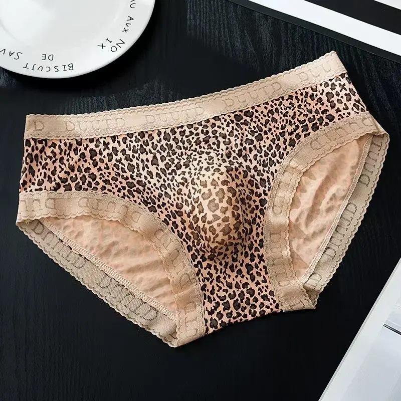 Men's French Lace Briefs Sexy 3D U Convex Pouch Underpant Summer Thin Ice Silk Breathable Underwear Low-rise See Through Panties