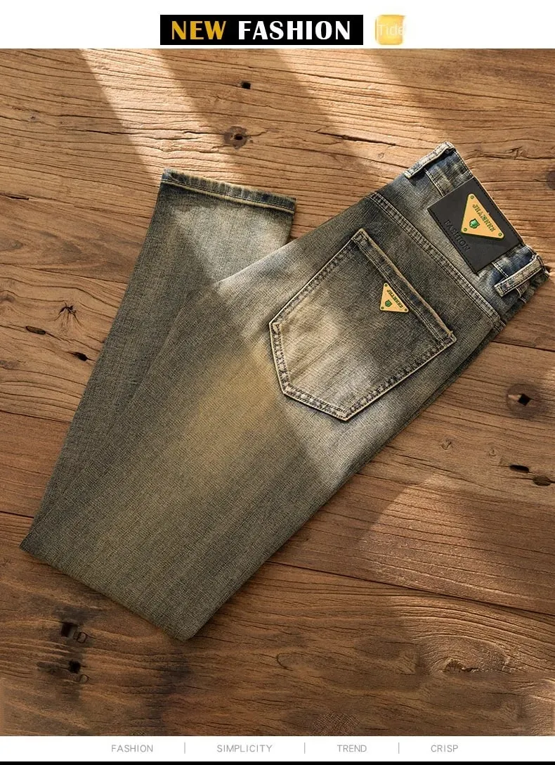 European Trendy Brand Yellow Mud Jeans Men's Retro Old Slim Fit Fashion Long Pants Autumn and Winter Thick Pants