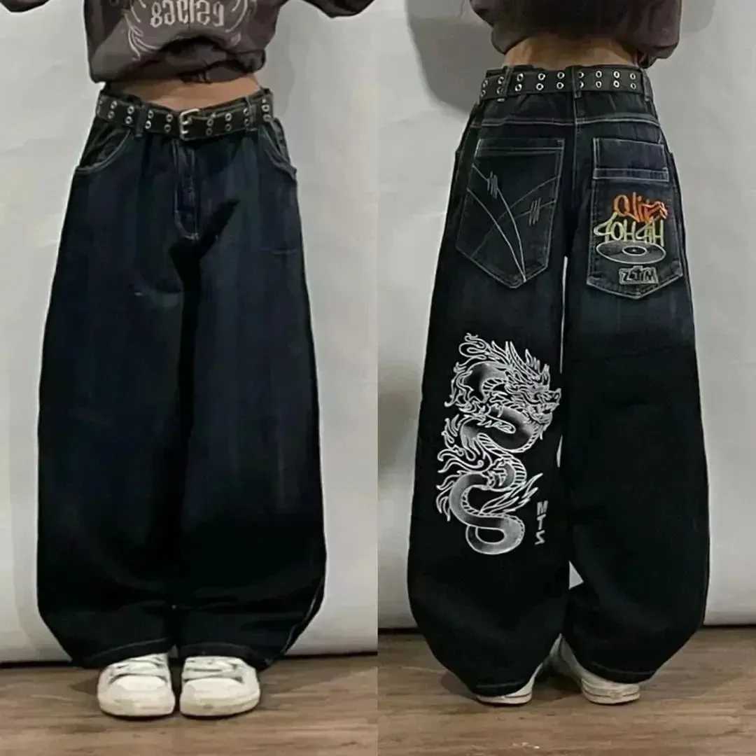 American Y2K Hip Hop Fashion Trend Skull Embroidery Spot Jeans Men Street Loose Straight Wide-leg Pants Couple Oversized Jeans
