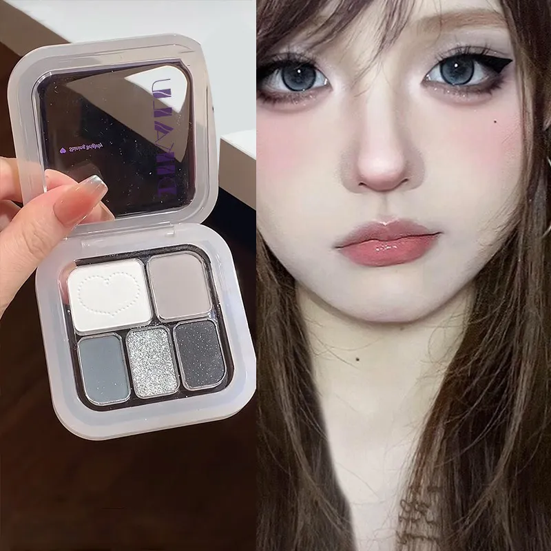 5 Colors Metallic Cement Gray Eyeshadow Palette Glitter Pearlescent Punk Smoky Eye Highlighter Matte White Face Brightening