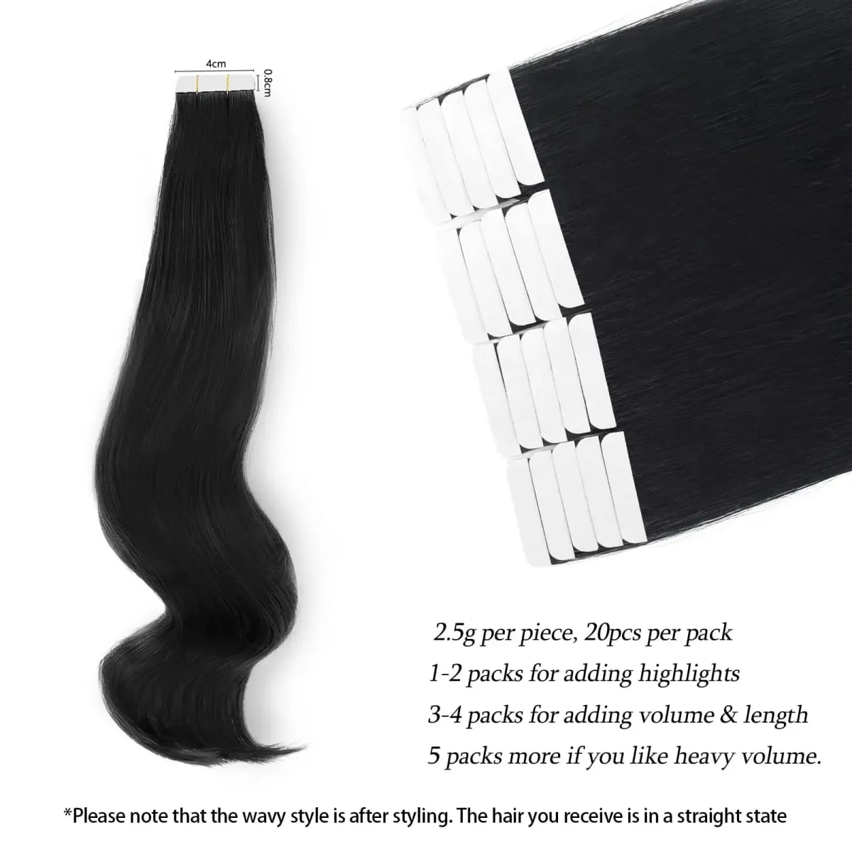 Straight Tape in Hair Extensions Human Hair Natural Black #1B Remy Tape in Human Hair Extensions for Women Double Sided Seamless Thick End Silky Straight 20pcs 50 Gram 26 Inch