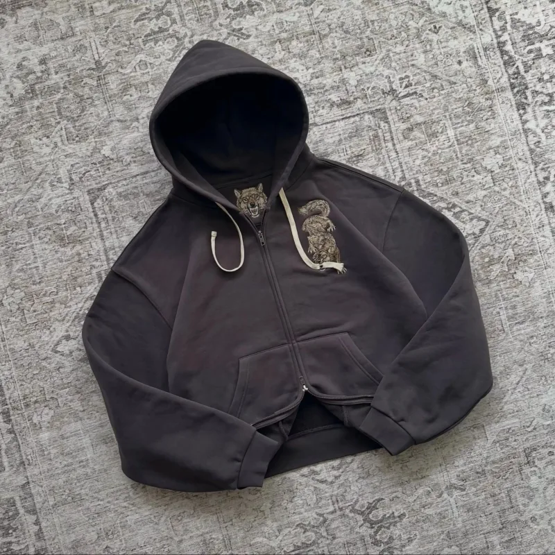 Dark Brown Full Zip Hoodie Double Men Wolf Embroidery Drawstring Pocket Oversized Y2K Grunge Vintage Street Zip Up Sweat Jackets