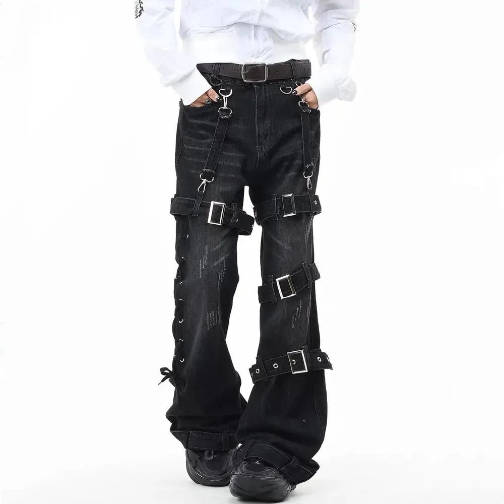 Gothic Punk Multi Buckle Strap Slim Fit Black Jeans Man Woman Ripped Vintage Techwear Bootcut Jeans