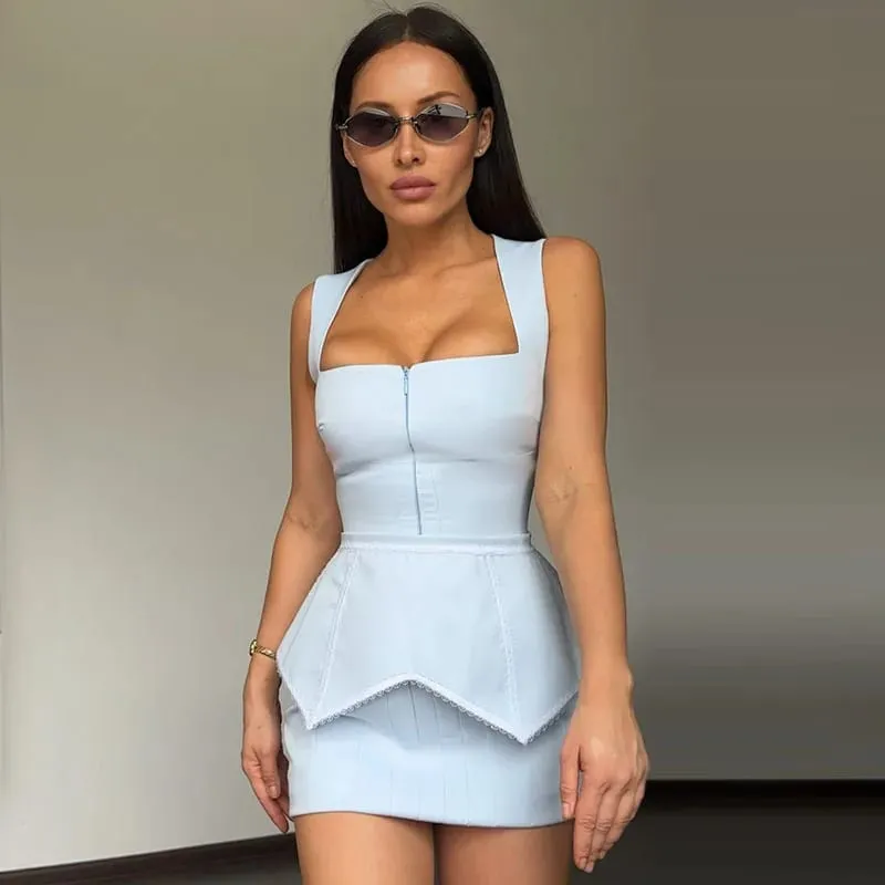 Elegant Printed Women's Dress Sleeveless Square Collar Waist-Closed Lady Mini Dresses With Waist Tape 2026 Summer Female Robes