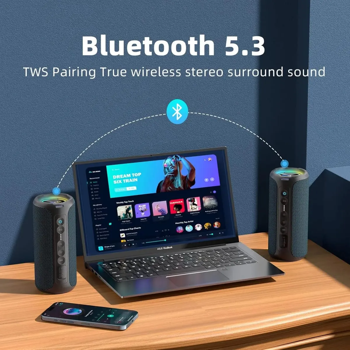 Ortizan Bluetooth Speakers 40W TWS Portable Speaker with Stereo Sound Bass Bluetooth 5.3 Wireless USB Type C Outdoor 6600mAh Battery