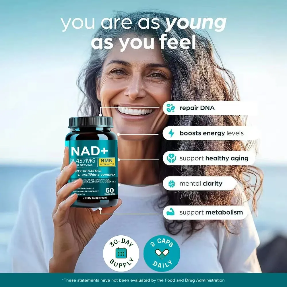 NAD Supplement 8457mg Plus for Energy Focus Skin & Anti-Aging Support - NMN Alternative Liposomal + Green Tea 60 Capsules