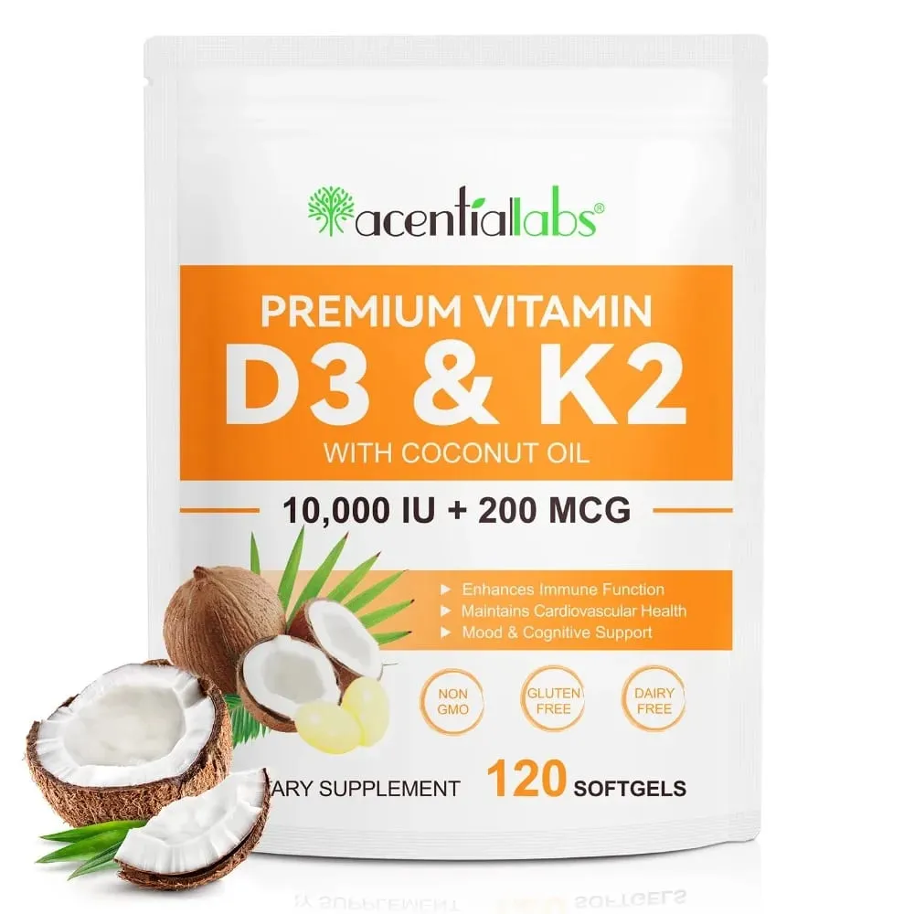 Acentiallabs Premium Vitamin D3 K2 Softgels kosttilskud Kokosolie Vitamin D3 AK2 bløde kapsler til immunstøtte til voksne