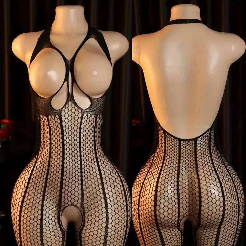 Women's Black Lace Fishnet Halter Neck One-Piece Bodystocking Wireless Unlined Stretch Mesh Lingerie One Size 8 Styles