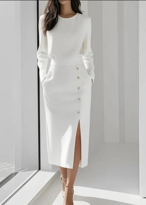 Women's Solid Color Long Sleeves Elegant Midi Dress with Button Details and Side Slit - Crew Neck