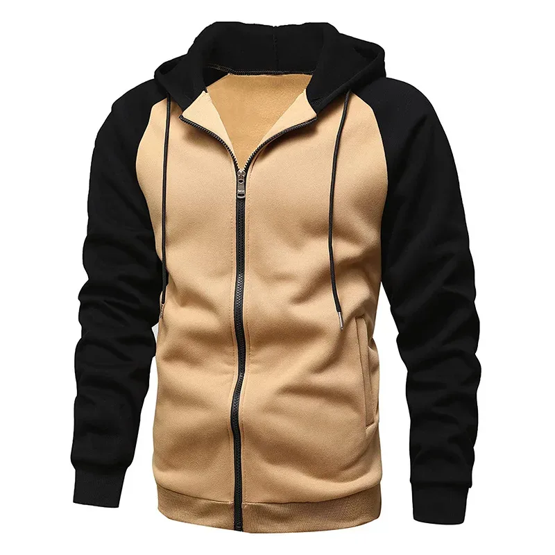 Men's Fleece Hoodies Long Sleeve Sweatshirts for Men Zipper Hooded Mens Fashion Color Blocking Sweatshirt Slim Fit Jacket Coat