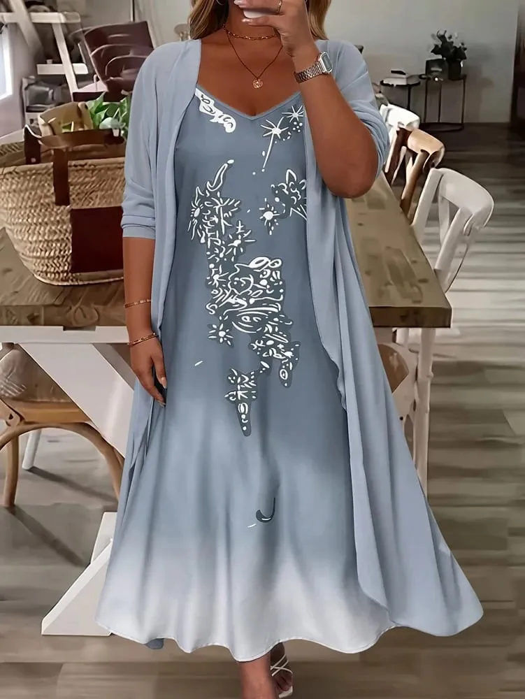 Plus-Size Women's Fashion: Spring/Fall Stylish and Elegant Lace and Chiffon Two-Piece Dress Set with V-Neck for a Sophisticated