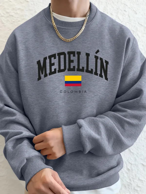 Medellin Colombia Letter And Flag Printed Men'S Hoodies Comfortable Fleece Sweatshirts Soft Fashion Tops Street Warm Clothes
