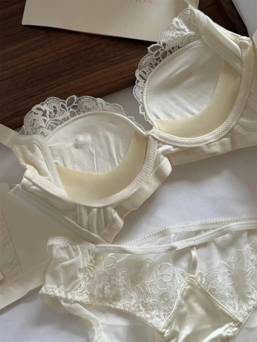 Gathering cup underwear thin glossy back bra anti-sagging lingerie support large breasts show small bra set