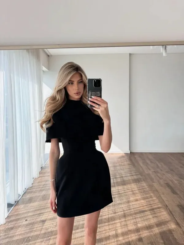 Solid Shawl Mini Dress Women Elegant Square-neck Waist Cinching Sleeveless Slim Short Dresses Lady 2026 New Vacation Party Gowns