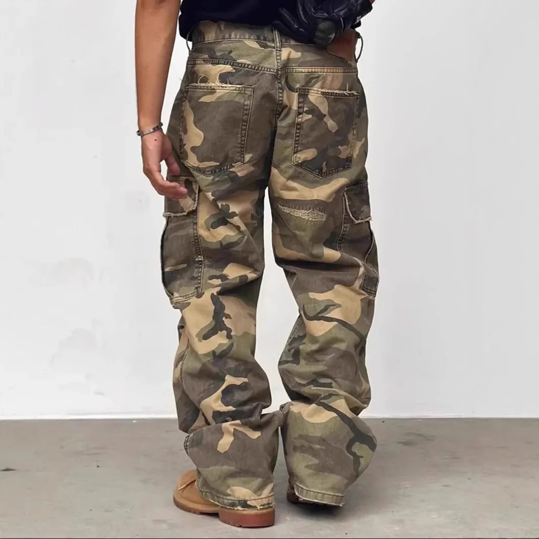 American Street Style Washed Camouflage Workwear Jeans Hole Straight Leg Spring Autumn Casual Cotton Trendy Long Pants