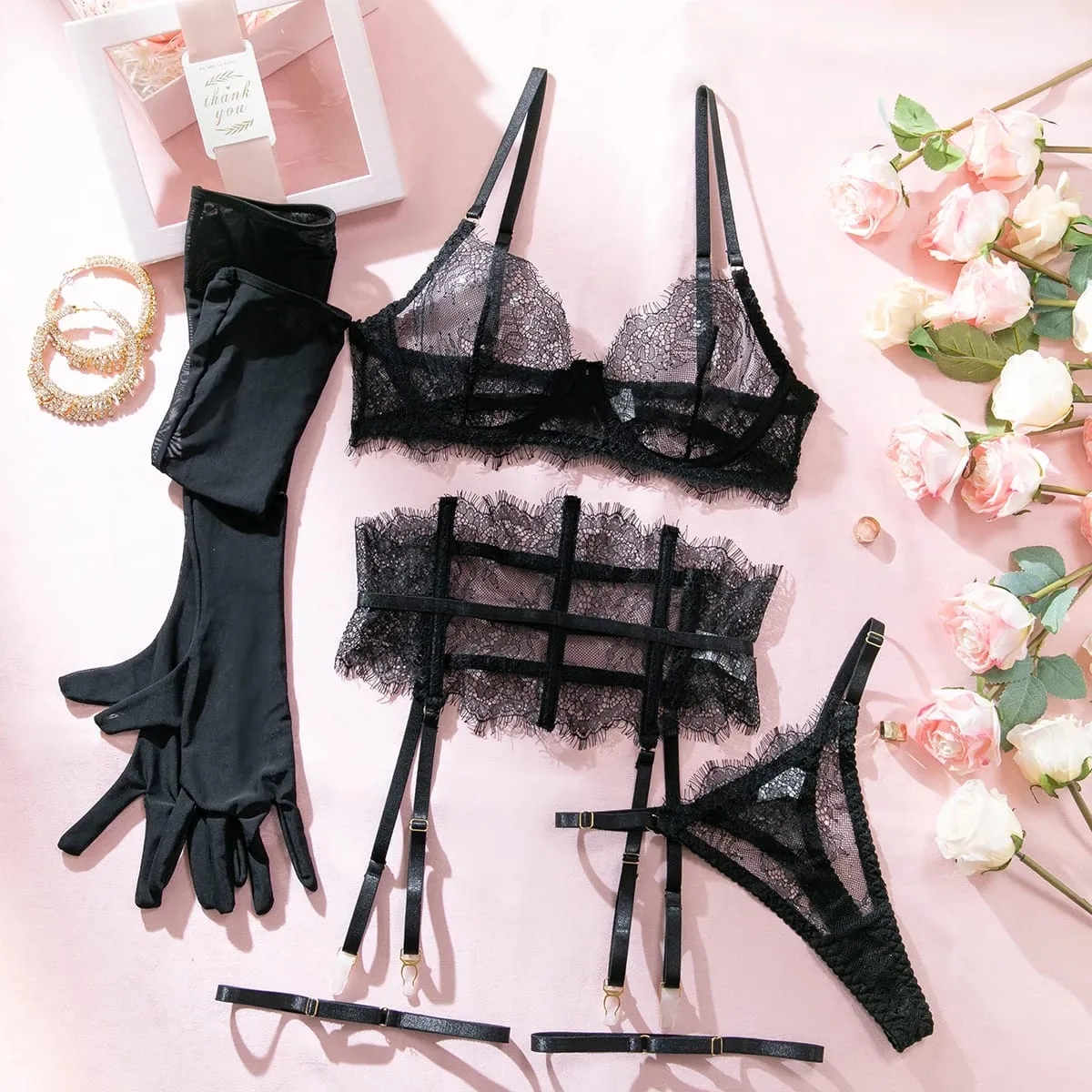 Sexy hot Lingеrie New Eyelash Lace 5-Piece Lingerie Set for Women with Underwire Bra Waistband Garter Belt Leg Rings Gloves