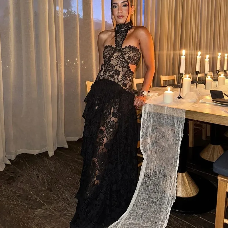 Elegant High End Lace Patchwork Dresses Women's Trendy Hollow Robe Irregular Design Vistidos 2026 New Spring Party Halter Gown