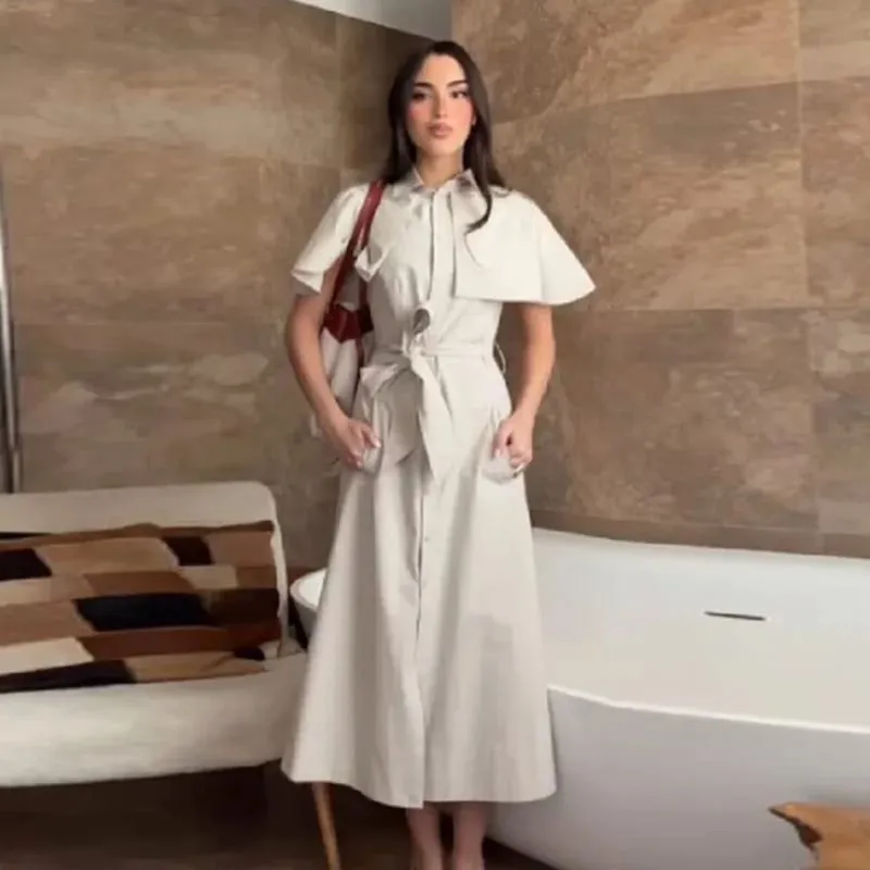 Elegant Minimalist Cape Sleeve Dress Women Chic Waist Belt Split Front Business Casual Dresses Daily Office Summer Outfit 2026 — image 4